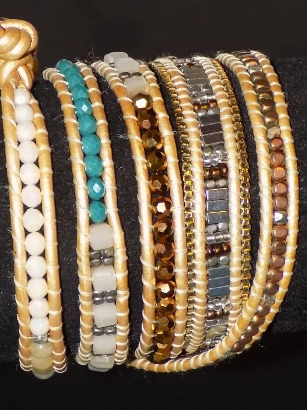 Nakamol Long Beaded Boho Wrap Bracelet.  Lame Cord, Crystal, Metal, Earthtones